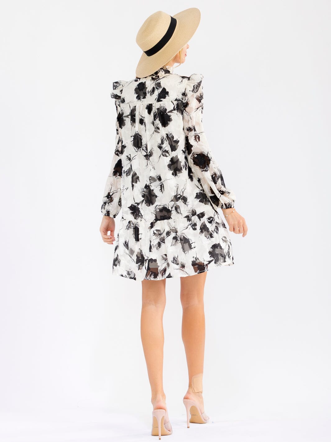 WOMEN'S LONG SLEEVES BUTTON UP RUFFLE FLORAL MINI DRESS