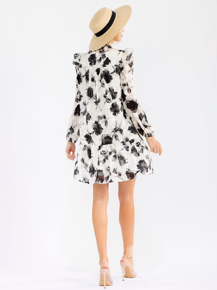 WOMEN'S LONG SLEEVES BUTTON UP RUFFLE FLORAL MINI DRESS