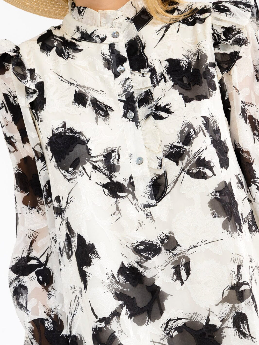 WOMEN'S LONG SLEEVES BUTTON UP RUFFLE FLORAL MINI DRESS