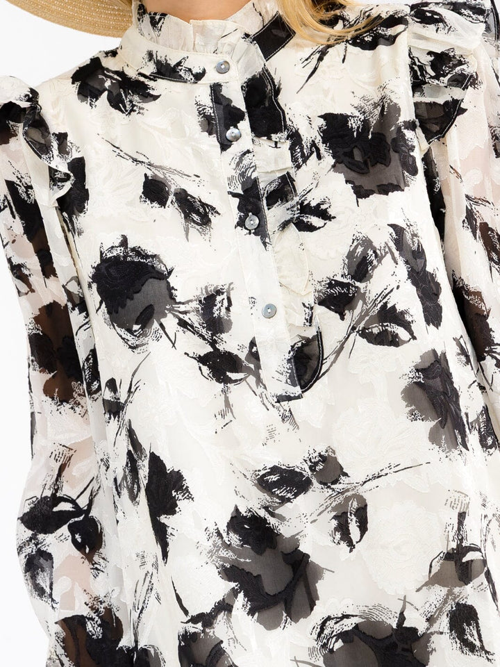 WOMEN'S LONG SLEEVES BUTTON UP RUFFLE FLORAL MINI DRESS