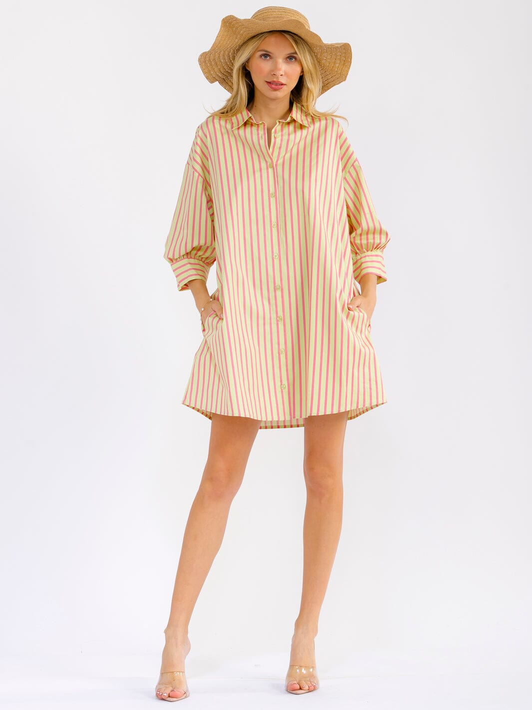 WOMEN'S 3/4 SLEEVE BUTTON UP FRONT POCKETS LOOSE FIT COLORBLOCK STRIPES MINI SHIRT DRESS