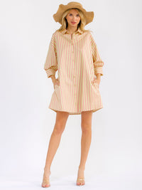 WOMEN'S 3/4 SLEEVE BUTTON UP FRONT POCKETS LOOSE FIT COLORBLOCK STRIPES MINI SHIRT DRESS