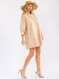 WOMEN'S 3/4 SLEEVE BUTTON UP FRONT POCKETS LOOSE FIT COLORBLOCK STRIPES MINI SHIRT DRESS