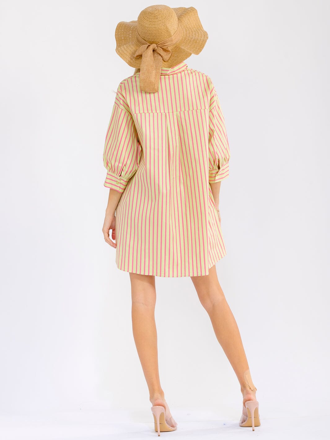WOMEN'S 3/4 SLEEVE BUTTON UP FRONT POCKETS LOOSE FIT COLORBLOCK STRIPES MINI SHIRT DRESS