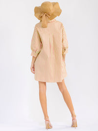 WOMEN'S 3/4 SLEEVE BUTTON UP FRONT POCKETS LOOSE FIT COLORBLOCK STRIPES MINI SHIRT DRESS