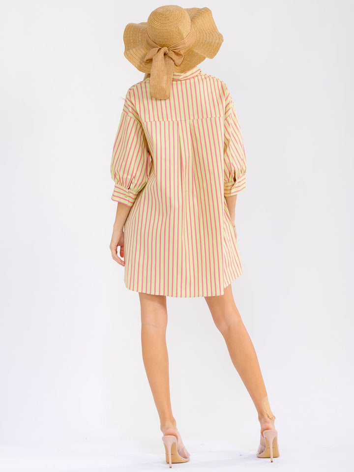 WOMEN'S 3/4 SLEEVE BUTTON UP FRONT POCKETS LOOSE FIT COLORBLOCK STRIPES MINI SHIRT DRESS