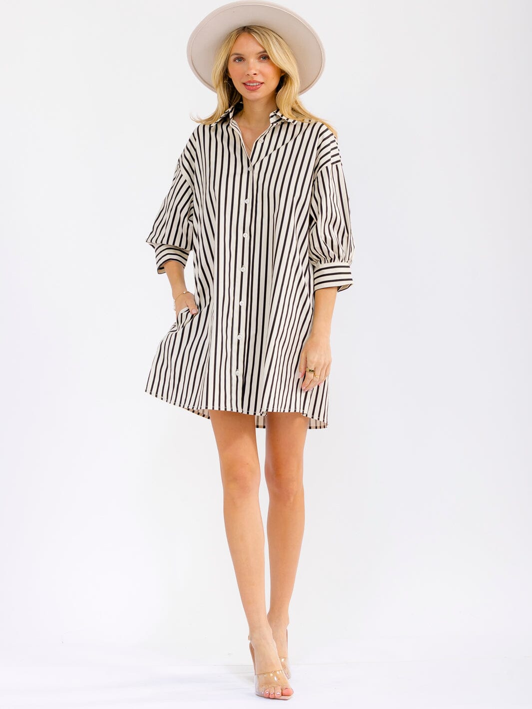 WOMEN'S 3/4 SLEEVE BUTTON UP FRONT POCKETS LOOSE FIT COLORBLOCK STRIPES MINI SHIRT DRESS