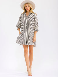 WOMEN'S 3/4 SLEEVE BUTTON UP FRONT POCKETS LOOSE FIT COLORBLOCK STRIPES MINI SHIRT DRESS