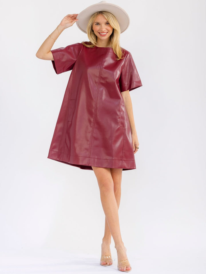 WOMEN'S SHORT SLEEVE FRONT POCKETS LOOSE FIT PU PLEATHER MINI DRESS