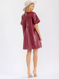 WOMEN'S SHORT SLEEVE FRONT POCKETS LOOSE FIT PU PLEATHER MINI DRESS