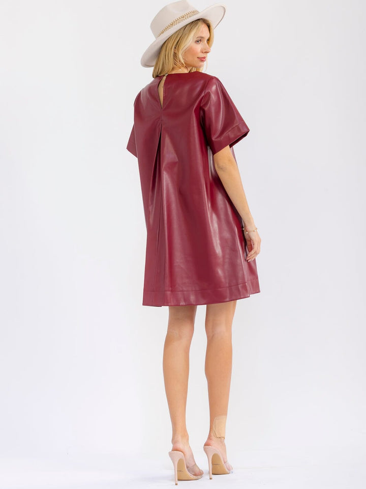 WOMEN'S SHORT SLEEVE FRONT POCKETS LOOSE FIT PU PLEATHER MINI DRESS