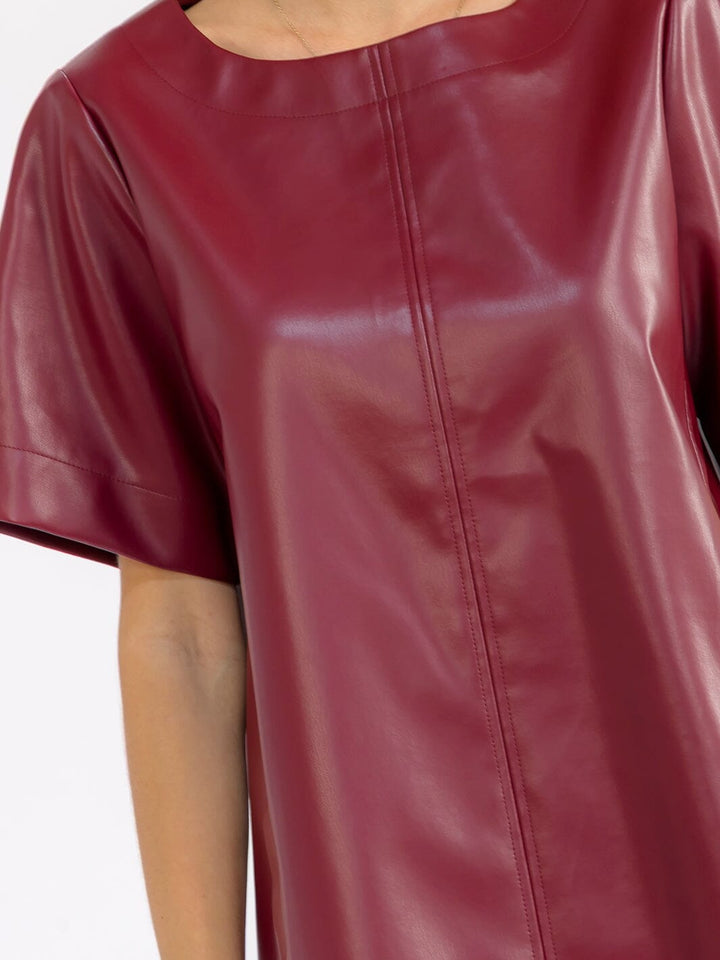WOMEN'S SHORT SLEEVE FRONT POCKETS LOOSE FIT PU PLEATHER MINI DRESS