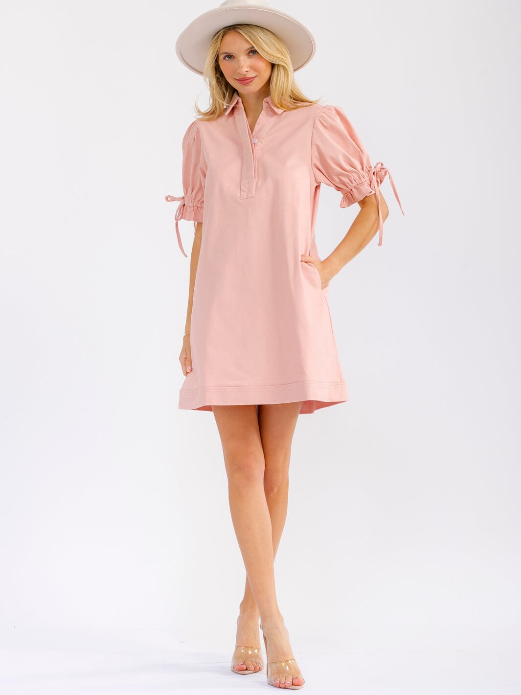 WOMEN'S SHORT PUFF SLEEVES V-NECK FRONT POCKETS DENIM MINI DRESS –