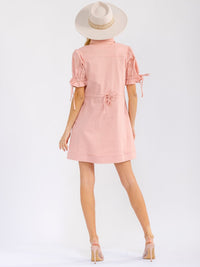 WOMEN'S SHORT PUFF SLEEVES V-NECK FRONT POCKETS DENIM MINI DRESS