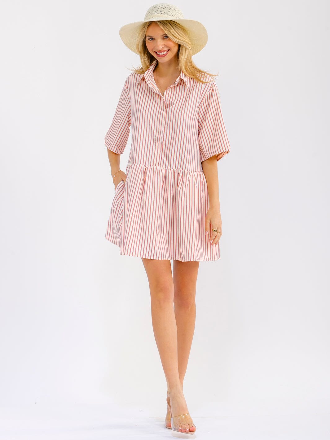 WOMEN'S SHORT SLEEVES BUTTON UP COLORBLOCK STRIPES MINI DRESS