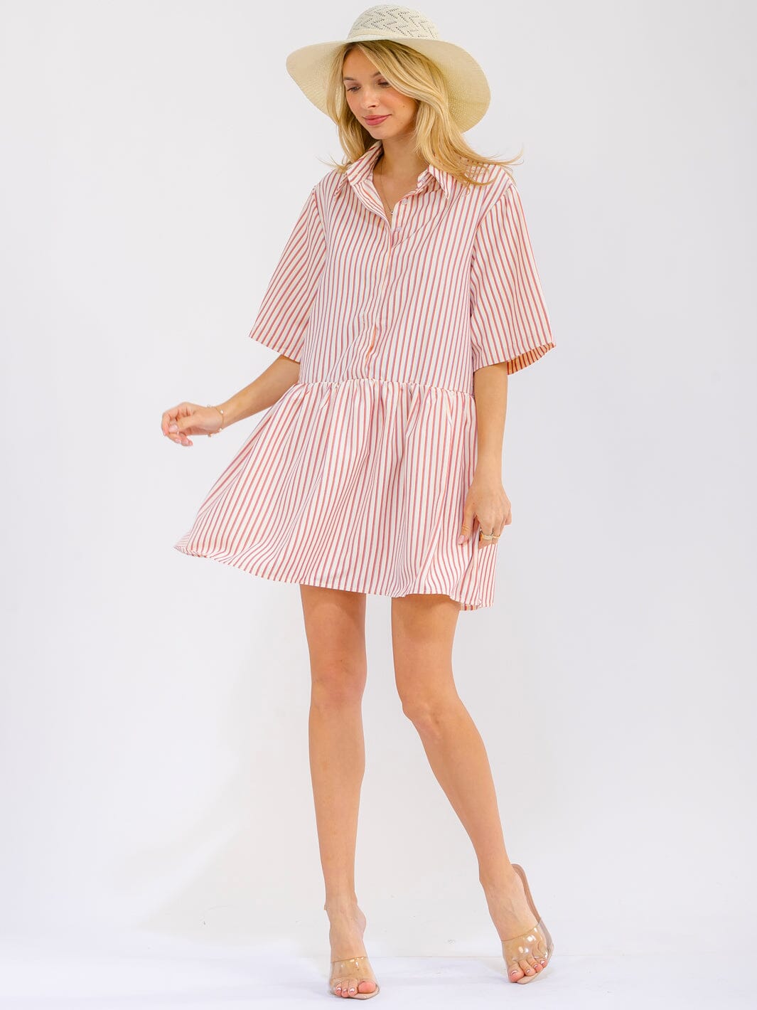 WOMEN'S SHORT SLEEVES BUTTON UP COLORBLOCK STRIPES MINI DRESS