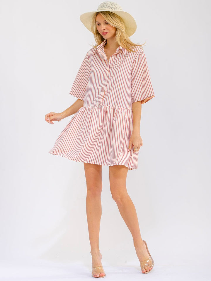 WOMEN'S SHORT SLEEVES BUTTON UP COLORBLOCK STRIPES MINI DRESS