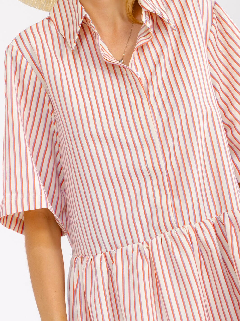 WOMEN'S SHORT SLEEVES BUTTON UP COLORBLOCK STRIPES MINI DRESS