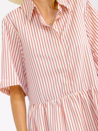 WOMEN'S SHORT SLEEVES BUTTON UP COLORBLOCK STRIPES MINI DRESS