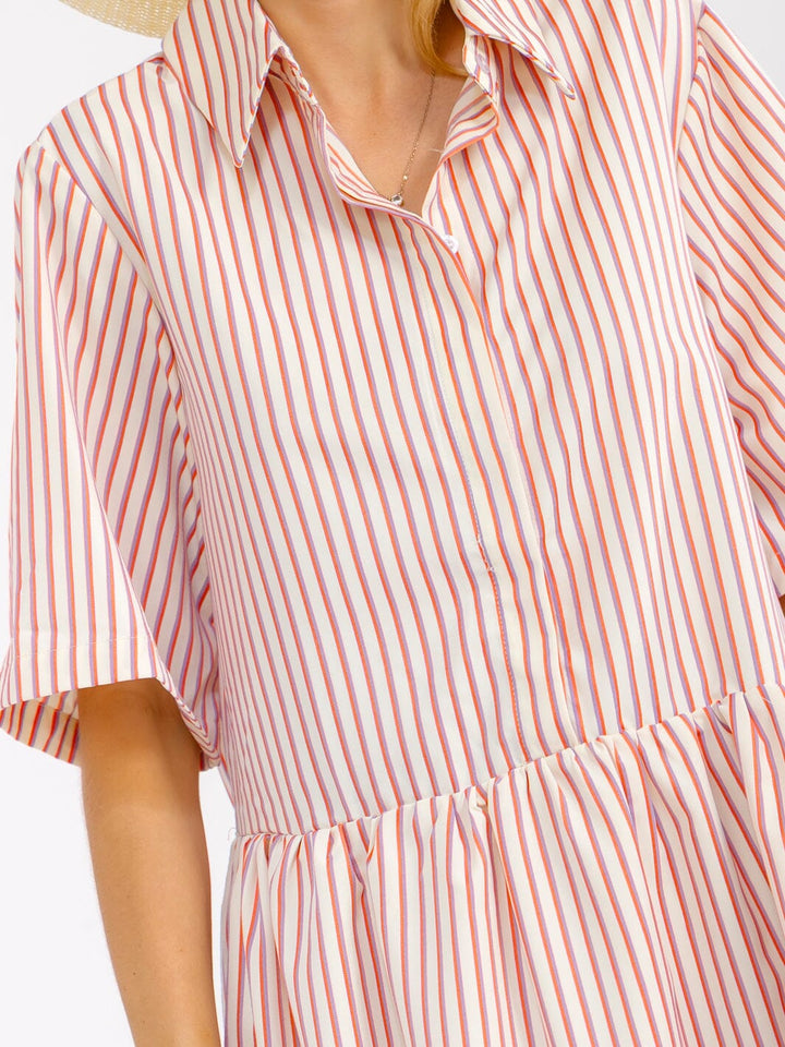 WOMEN'S SHORT SLEEVES BUTTON UP COLORBLOCK STRIPES MINI DRESS