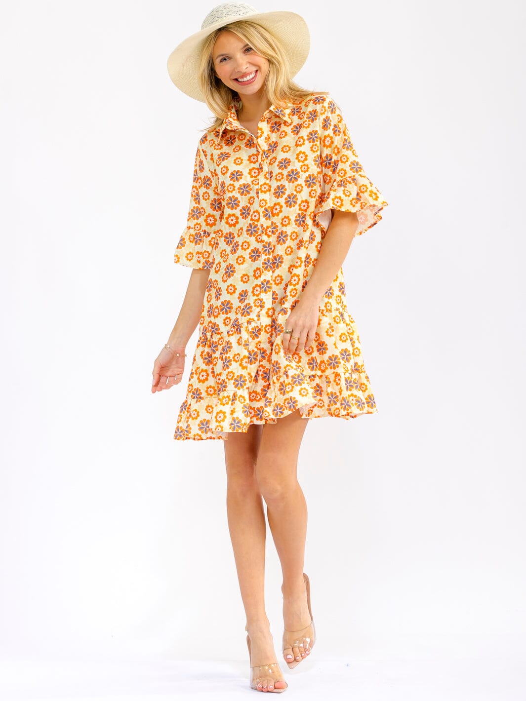 WOMEN'S SHORT RUFFLE SLEEVES BUTTON UP FRONT POCKETS FLORAL MINI DRESS