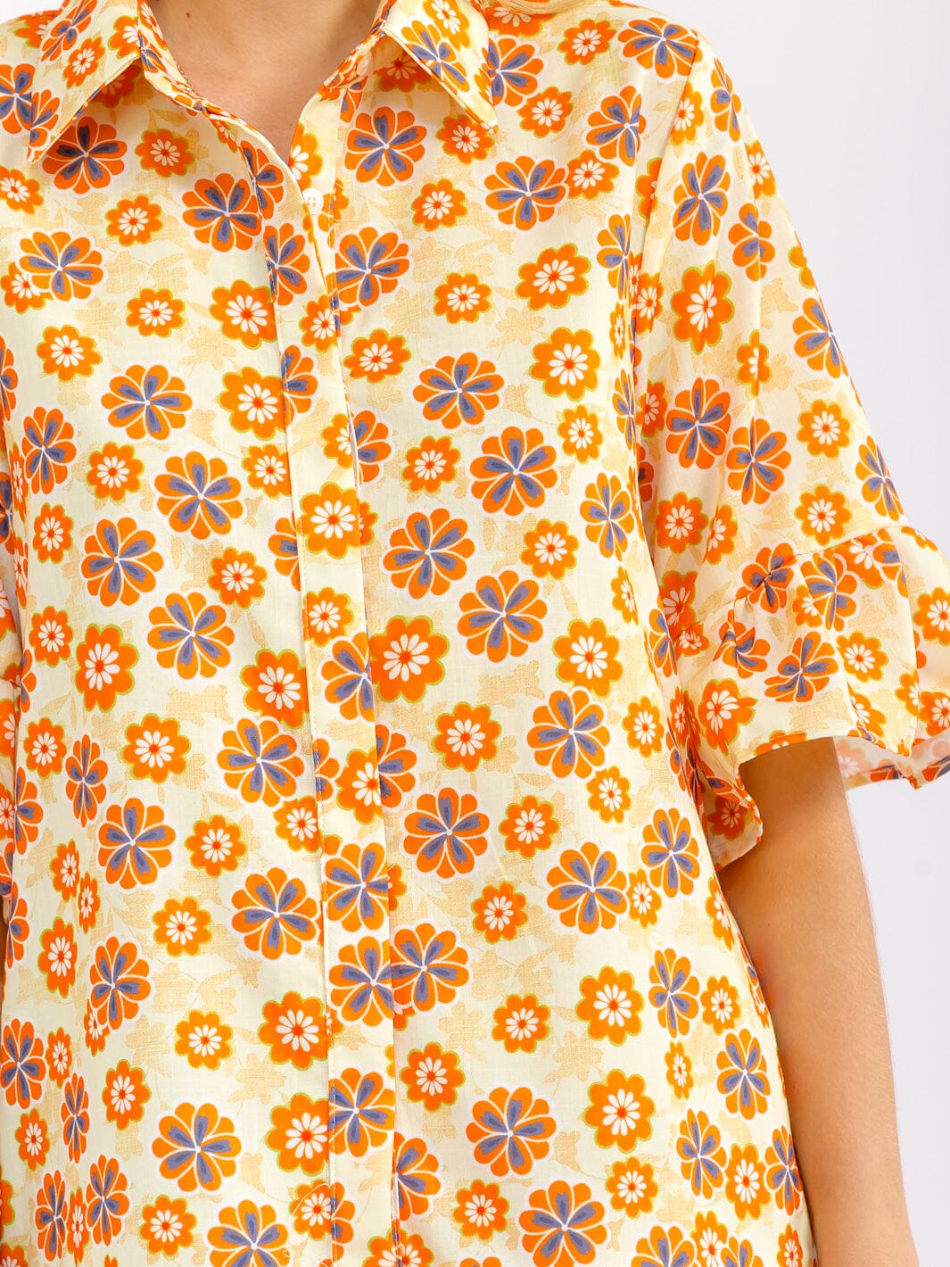 WOMEN'S SHORT RUFFLE SLEEVES BUTTON UP FRONT POCKETS FLORAL MINI DRESS