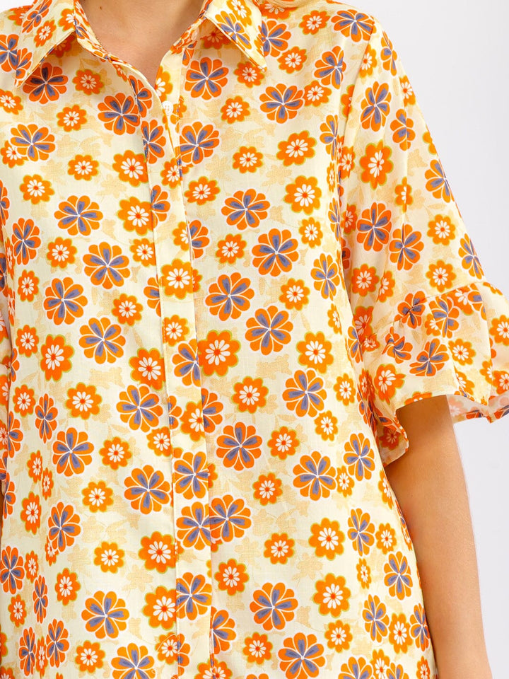 WOMEN'S SHORT RUFFLE SLEEVES BUTTON UP FRONT POCKETS FLORAL MINI DRESS