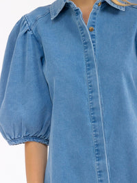 WOMEN'S SHORT PUFF SLEEVES BUTTON UP FRONT POCKETS DENIM MINI DRESS