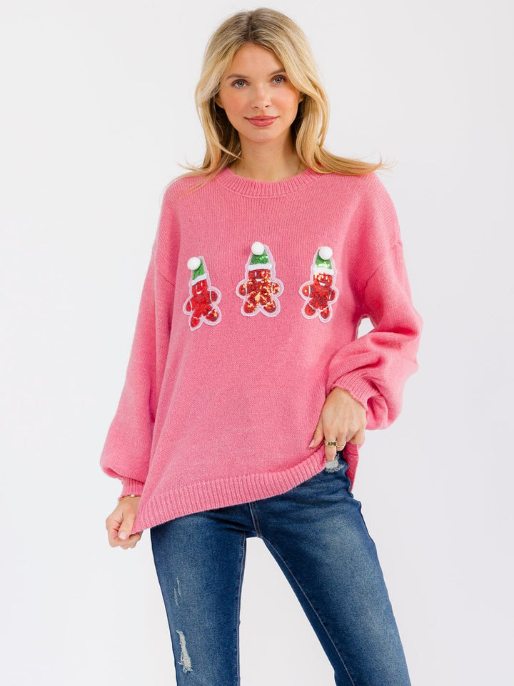 WOMEN'S LONG SLEEVE SEQUINS GRAPHIC PULLOVER HOLIDAY SWEATER