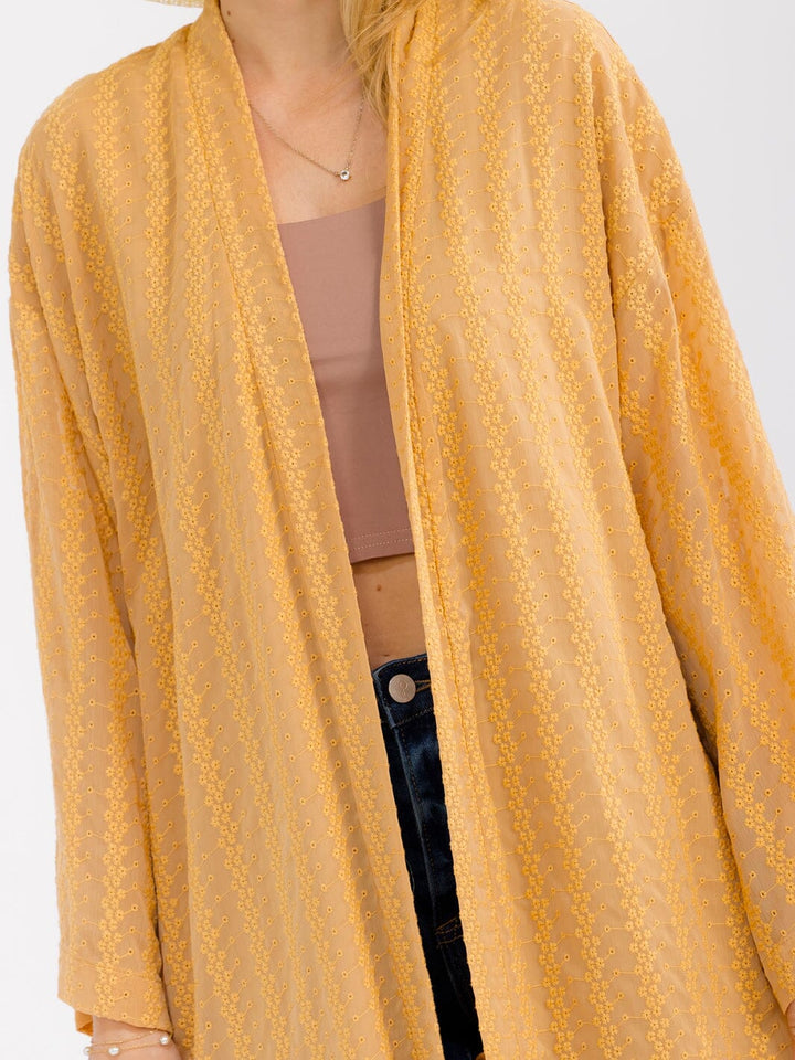 WOMEN'S LONG SLEEVE OPEN FRONT FLORAL STITCHED CARDIGAN