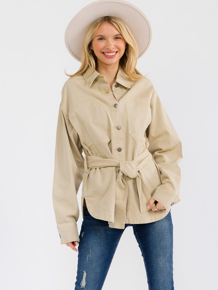 WOMEN'S LONG SLEEVE BUTTON CLOSURE FRONT POCKETS SELF TIE DENIM JACKET