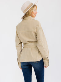 WOMEN'S LONG SLEEVE BUTTON CLOSURE FRONT POCKETS SELF TIE DENIM JACKET