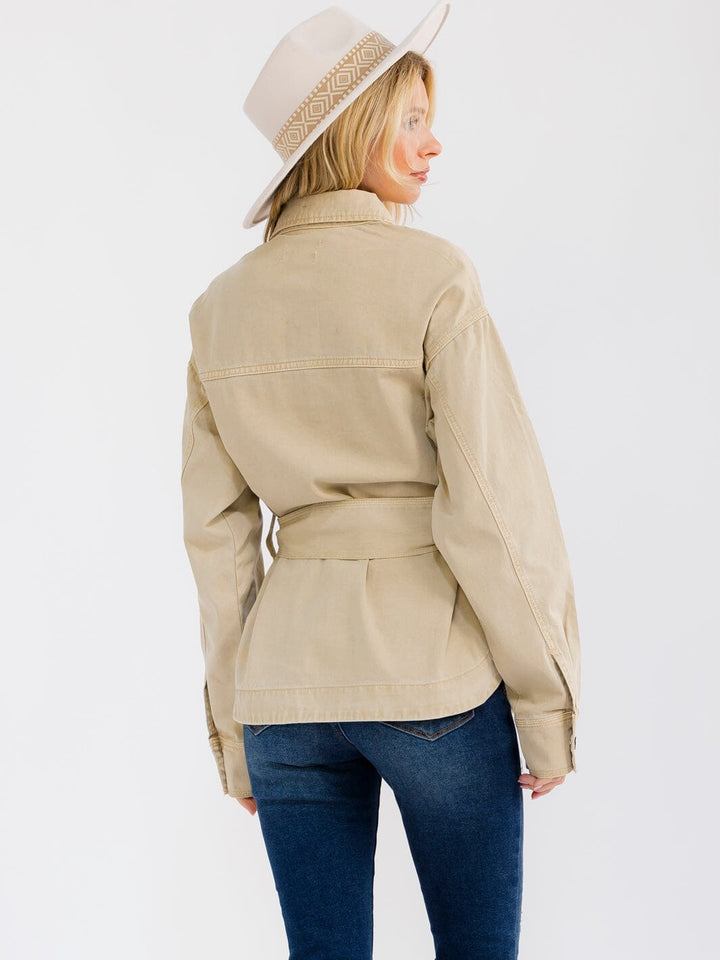 WOMEN'S LONG SLEEVE BUTTON CLOSURE FRONT POCKETS SELF TIE DENIM JACKET