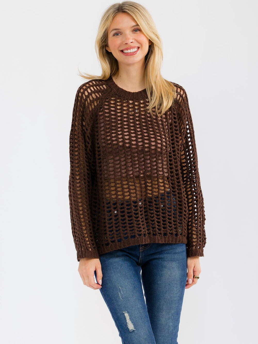 WOMEN'S LONG SLEEVE CROCHET PULLOVER SWEATER