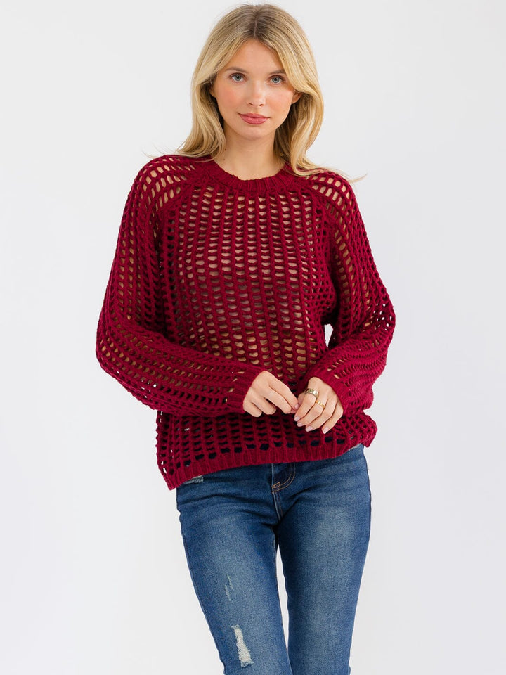 WOMEN'S LONG SLEEVE CROCHET PULLOVER SWEATER