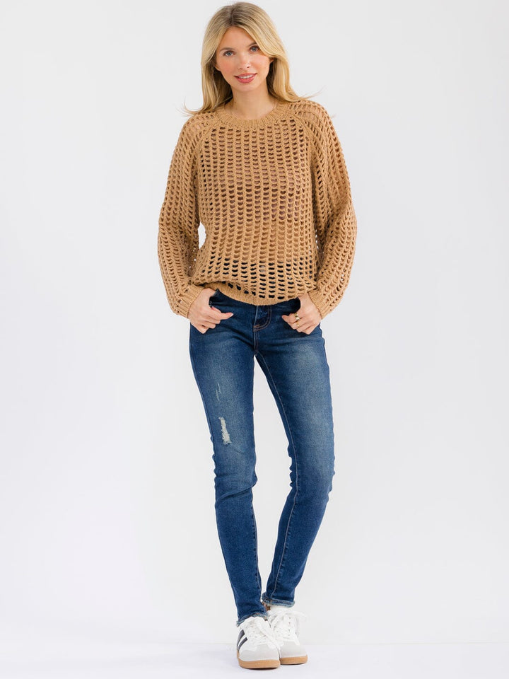 WOMEN'S LONG SLEEVE CROCHET PULLOVER SWEATER