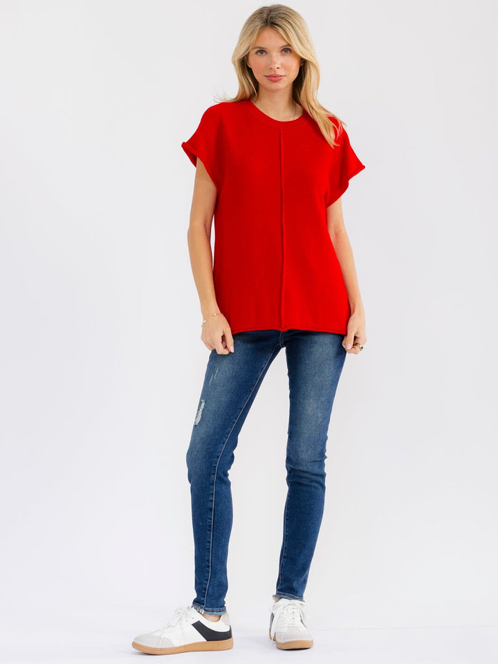 WOMEN'S SHORT SLEEVE SOLID SWEATER TOP