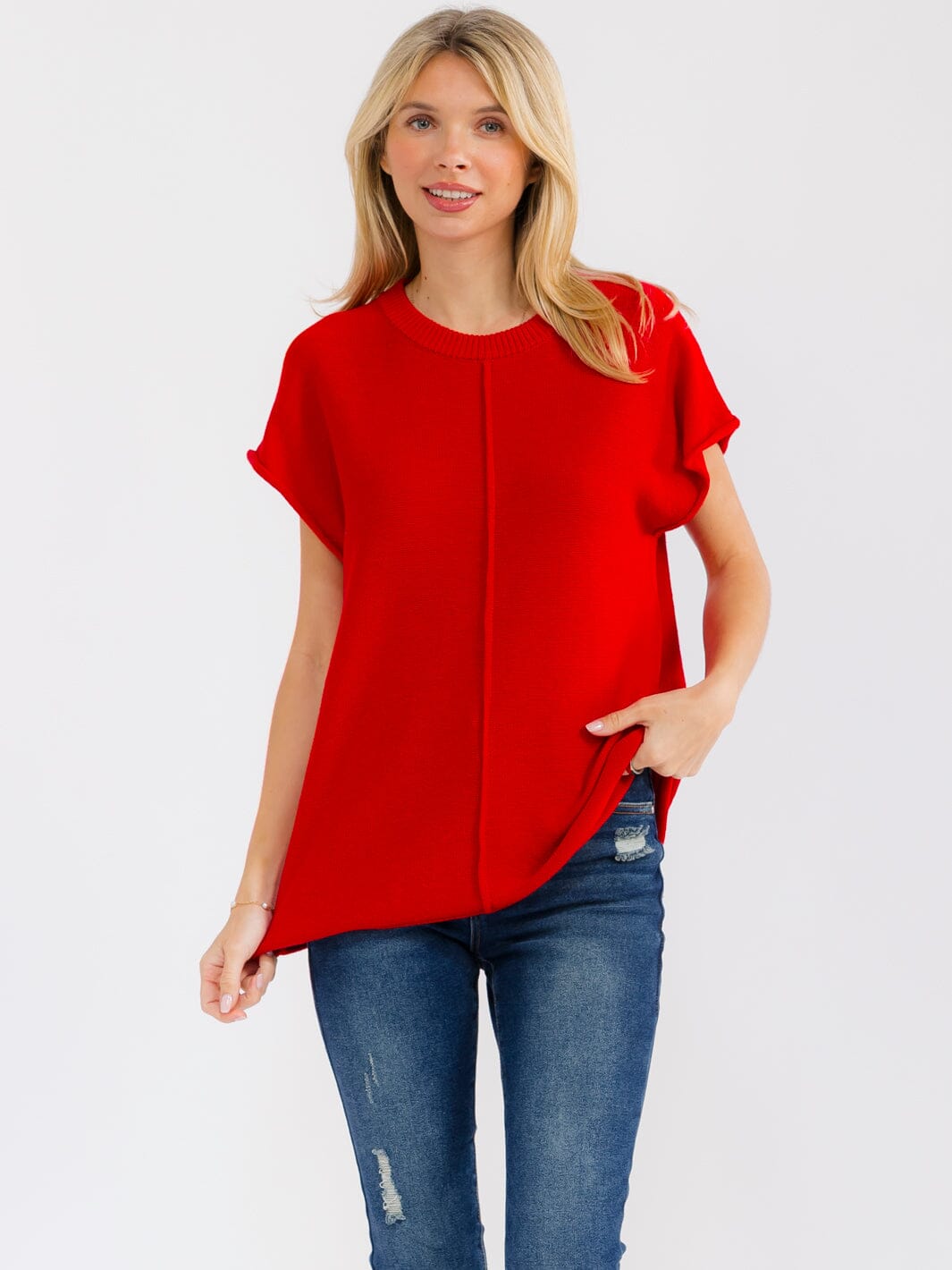 WOMEN'S SHORT SLEEVE SOLID SWEATER TOP