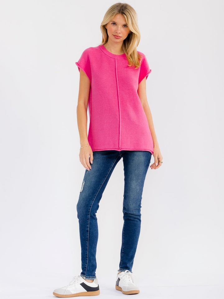 WOMEN'S SHORT SLEEVE SOLID SWEATER TOP