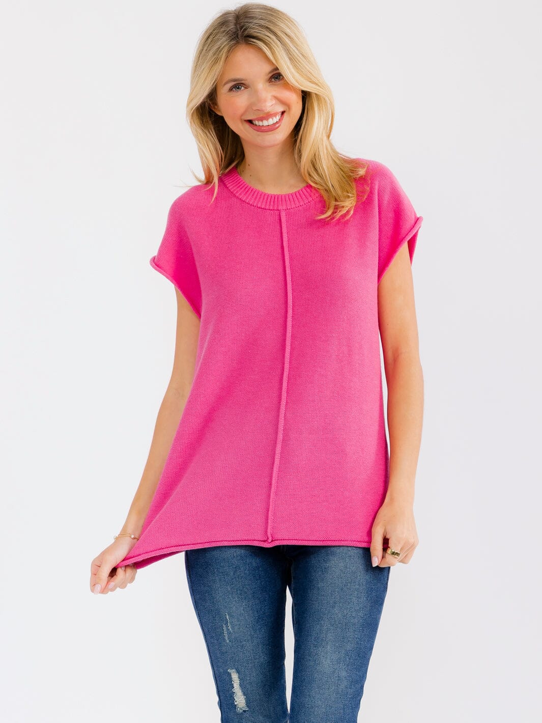 WOMEN'S SHORT SLEEVE SOLID SWEATER TOP