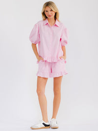 WOMEN'S SHORT SLEEVE BLOUSE & ELASTIC WAIST MINI SHORTS PLAID 2PC. SET