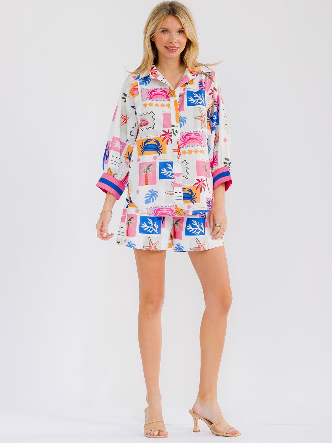 WOMEN'S 3/4 SLEEVE BLOUSE & ELASTIC WAIST MINI SHORTS MULTI PRINT 2PC. SET