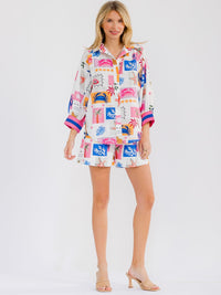 WOMEN'S 3/4 SLEEVE BLOUSE & ELASTIC WAIST MINI SHORTS MULTI PRINT 2PC. SET