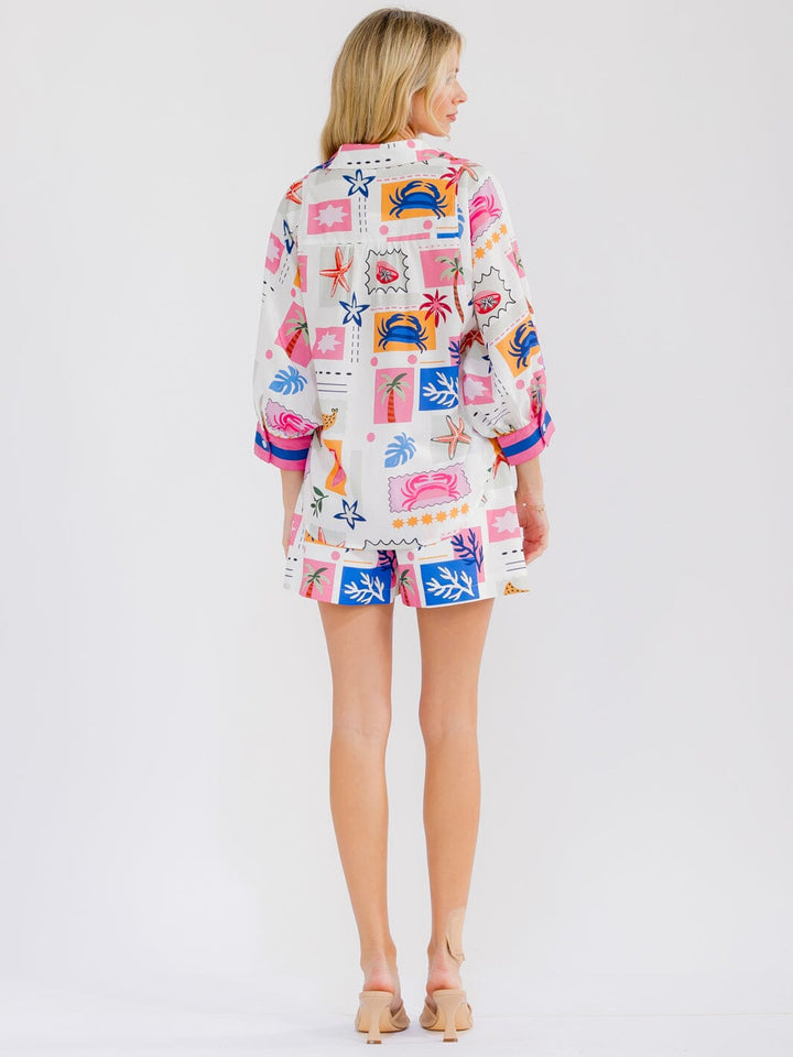 WOMEN'S 3/4 SLEEVE BLOUSE & ELASTIC WAIST MINI SHORTS MULTI PRINT 2PC. SET