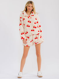 WOMEN'S LONG SLEEVE ZIP UP PULLOVER SWEATER & ELASTIC WAIST MINI SHORTS SHERPA CHERRY PRINT 2PC. SET