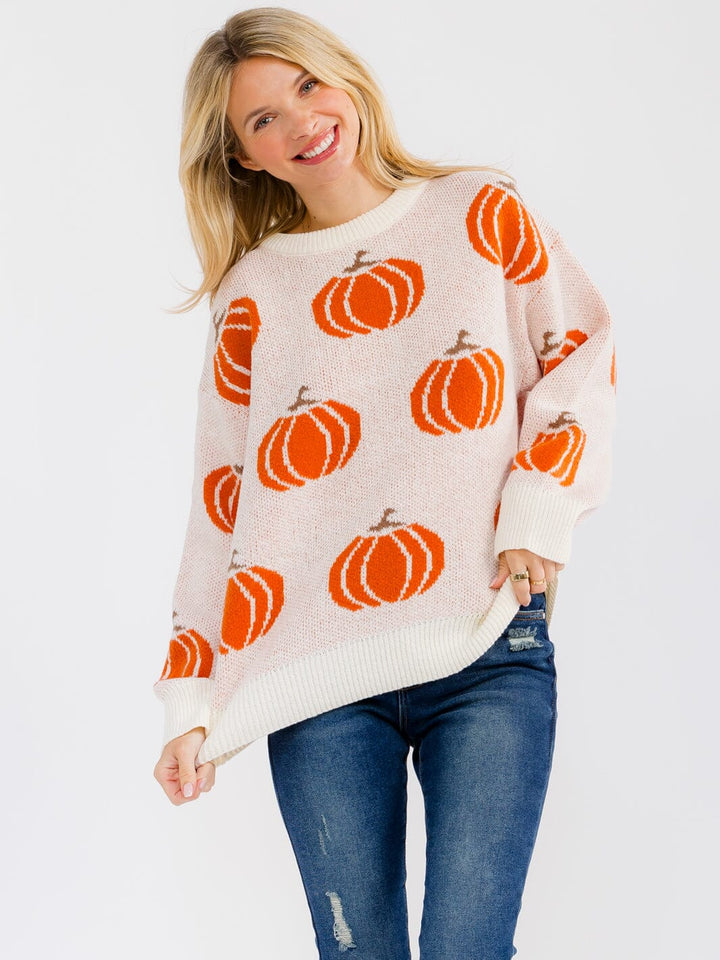 WOMEN'S LONG SLEEVE PUMPKIN PRINT PULLOVER SWEATER