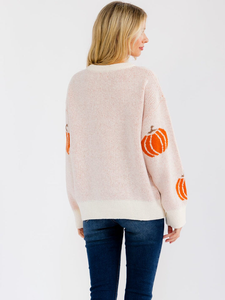 WOMEN'S LONG SLEEVE PUMPKIN PRINT PULLOVER SWEATER