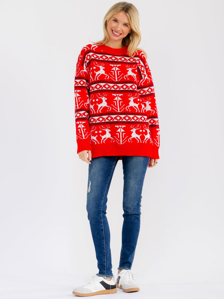 WOMEN'S LONG SLEEVE MULTI PRINT PULLOVER HOLIDAY SWEATER