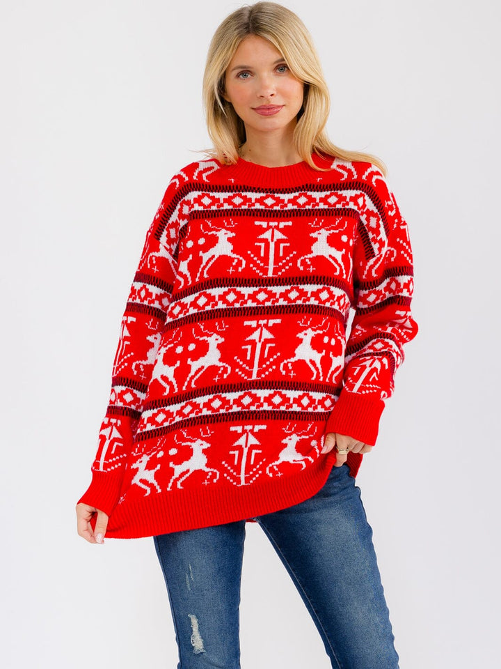 WOMEN'S LONG SLEEVE MULTI PRINT PULLOVER HOLIDAY SWEATER