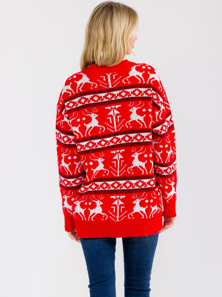 WOMEN'S LONG SLEEVE MULTI PRINT PULLOVER HOLIDAY SWEATER